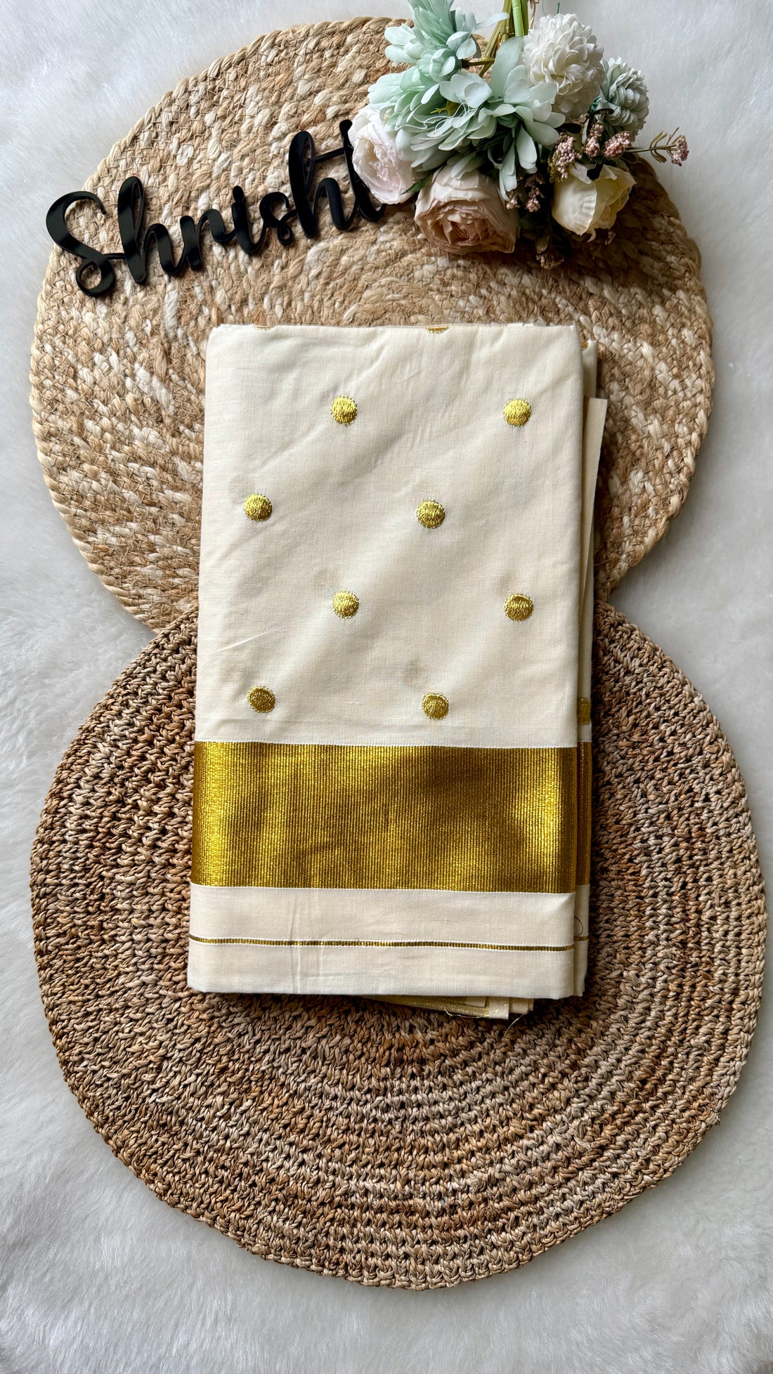 Golden Polka - Kerala saree