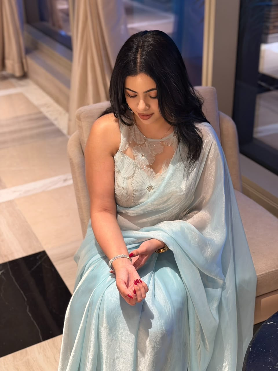 Blooming blue - Organza Partywear ( Unstitched blouse piece )