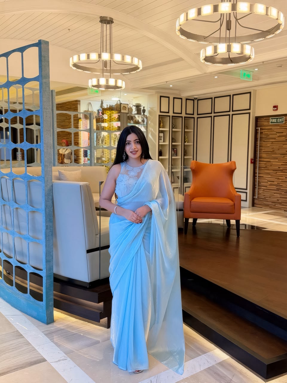 Blooming blue - Organza Partywear ( Unstitched blouse piece )